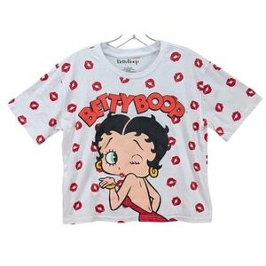 Betty Boop Crop Top T-Shirt White Red Kiss Print Cartoon Graphic‎ Tee Women's L
